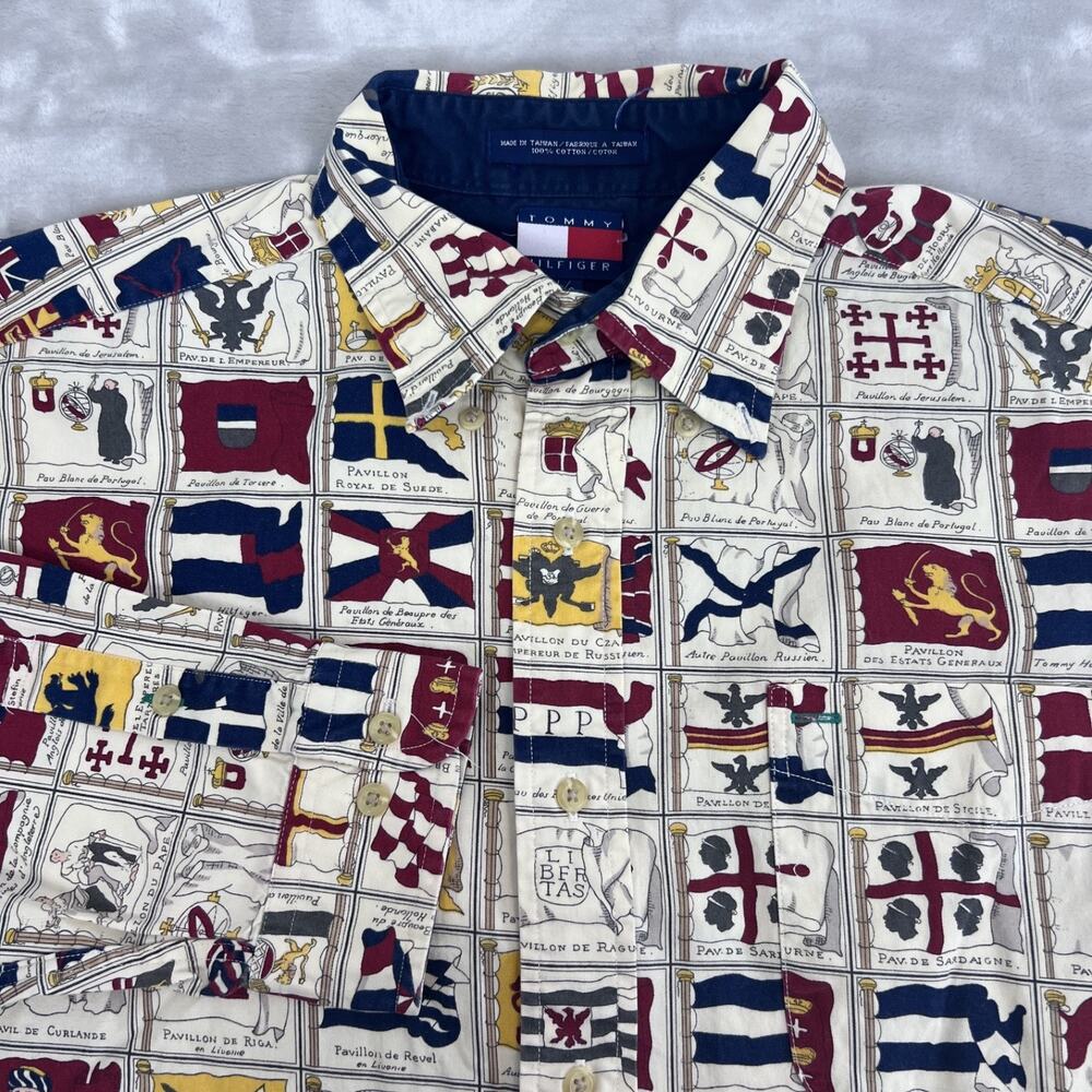 VTG Tommy Hilfiger Shirt Mens Large Flag Button Up Cotton Nautical Old Money 90s